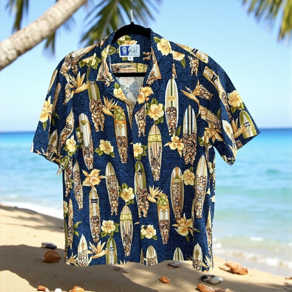 Styled by RJC Men's Vintage Hawaiian Surfboard Tiki Floral Shirt Size L